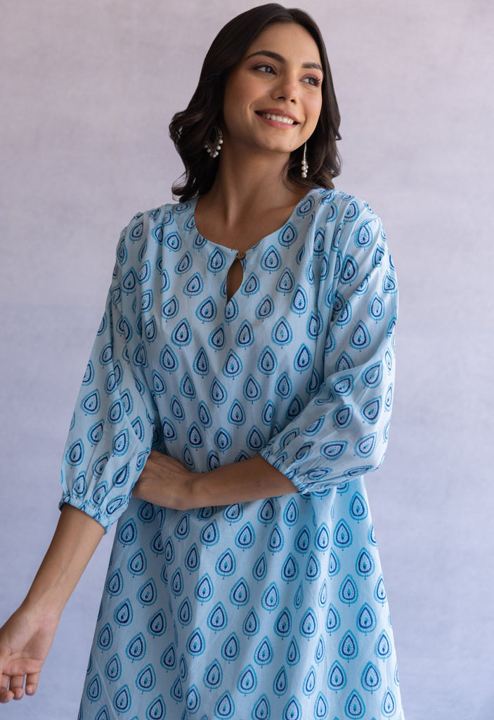 BLUE HAND BLOCK PRINTED PAN BUTI COORD SET - Tara - C - Tara