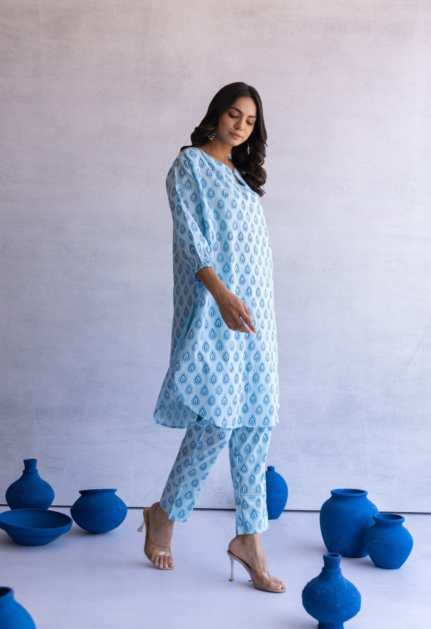 BLUE HAND BLOCK PRINTED PAN BUTI COORD SET - Tara - C - Tara