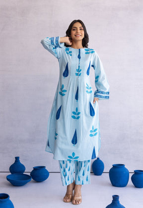 BLUE MULTI BUTA HAND BLOCK PRINTED COORD SET - Tara - C - Tara