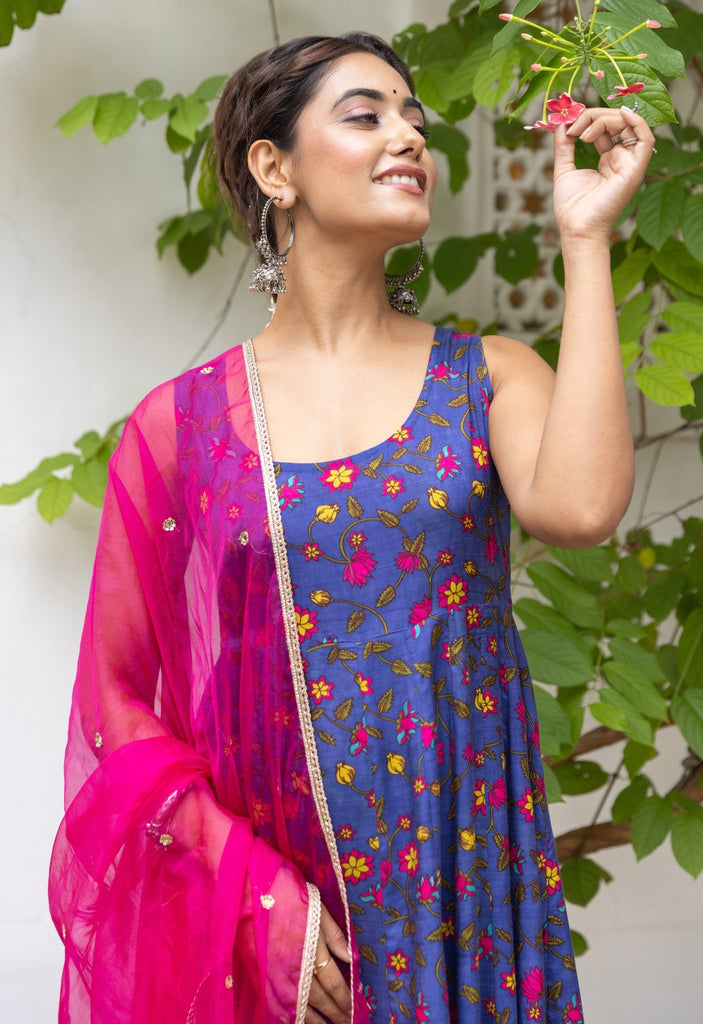 Blue Pink Floral Printed kurta palazzo set with embroidered organza Dupatta - Tara-C-Tara