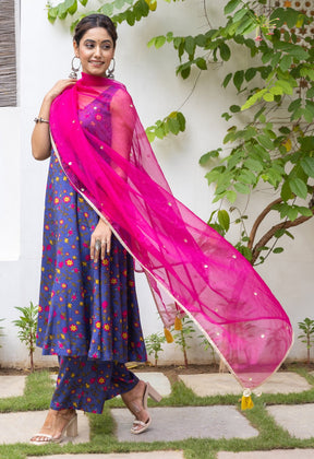 Blue Pink Floral Printed kurta palazzo set with embroidered organza Dupatta - Tara-C-Tara