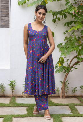 Blue Pink Floral Printed kurta palazzo set with embroidered organza Dupatta - Tara-C-Tara