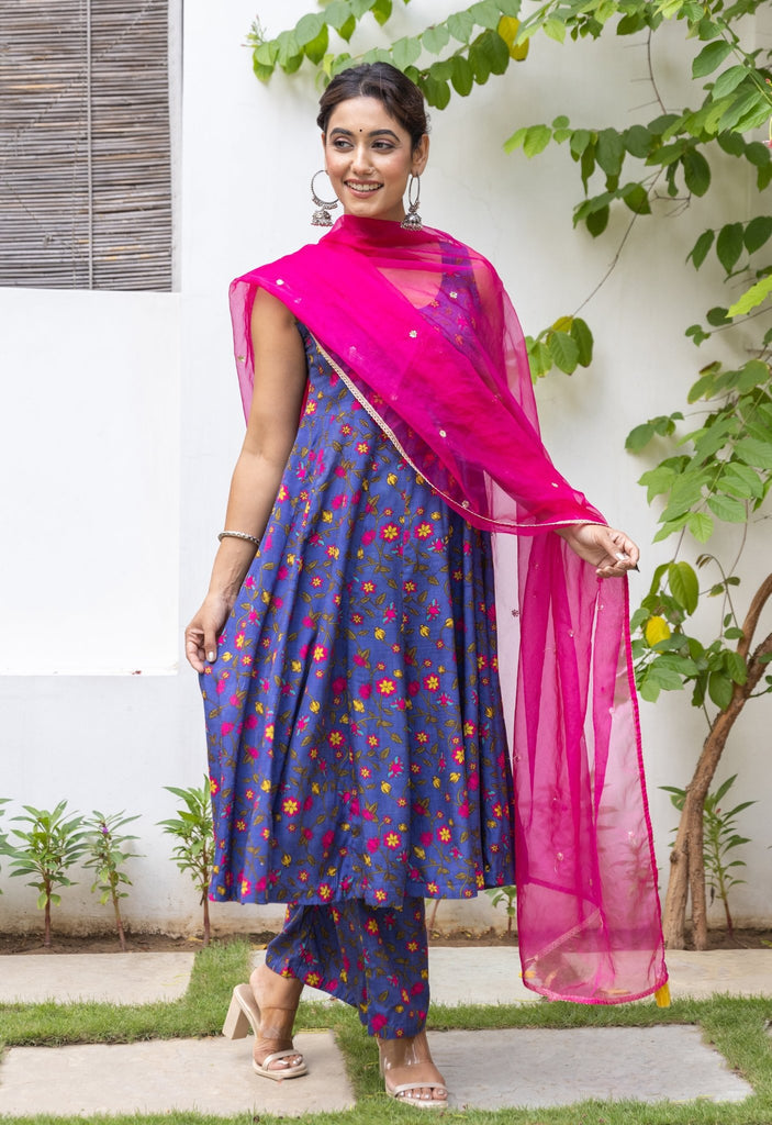 Blue Pink Floral Printed kurta palazzo set with embroidered organza Dupatta - Tara-C-Tara