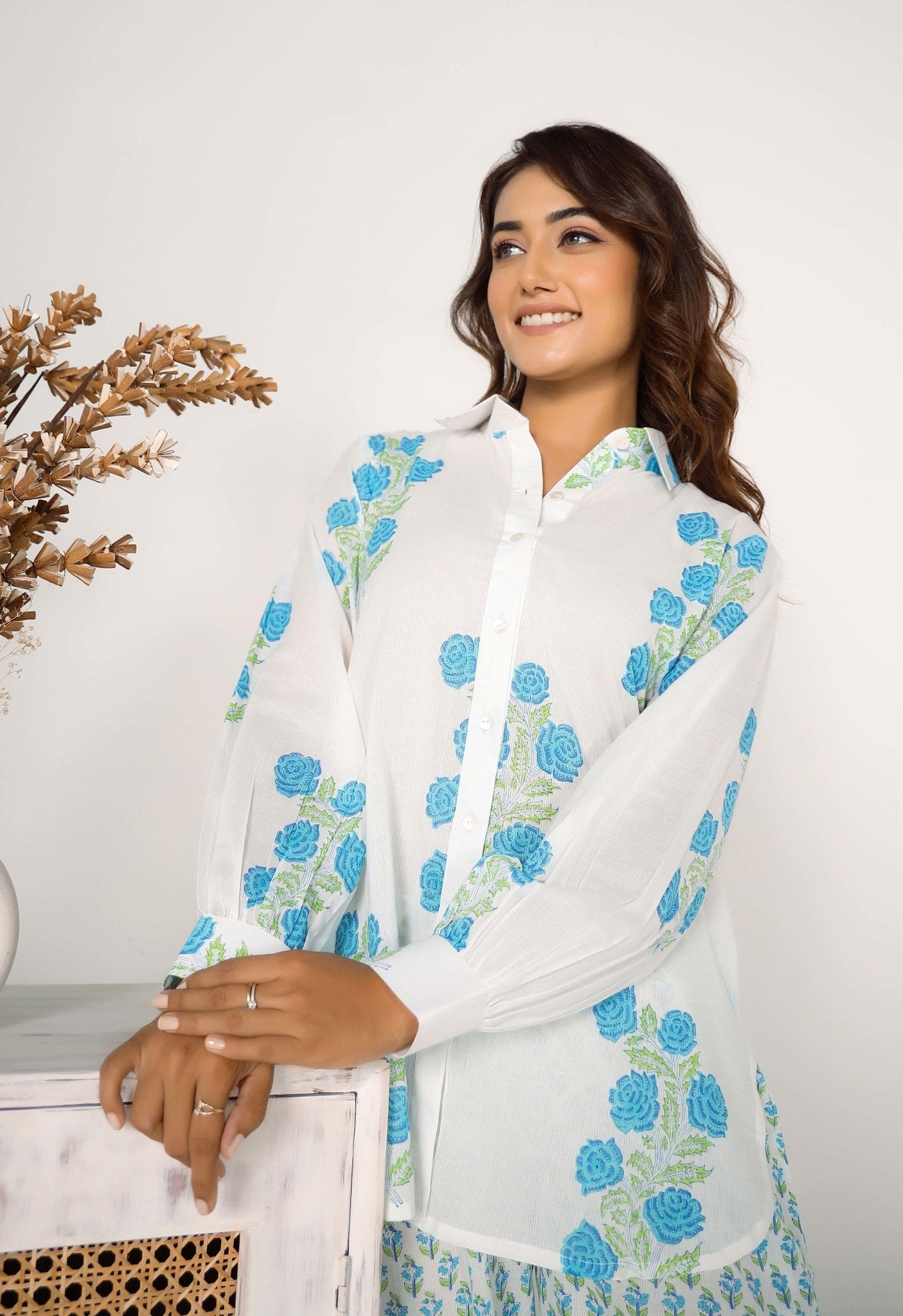 Blue Rose Hand Block Printed Floral Co-ord Set (2pc) - Tara-C-Tara