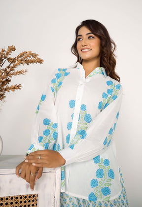 Blue Rose Hand Block Printed Floral Co-ord Set (2pc) - Tara-C-Tara