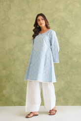 Blue Short Hand Block Printed Kurta With Farshi Salwar - Tara - C - Tara