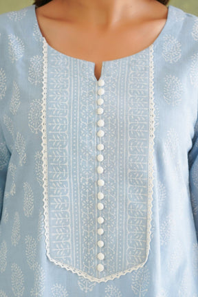 Blue Short Hand Block Printed Kurta With Farshi Salwar - Tara - C - Tara