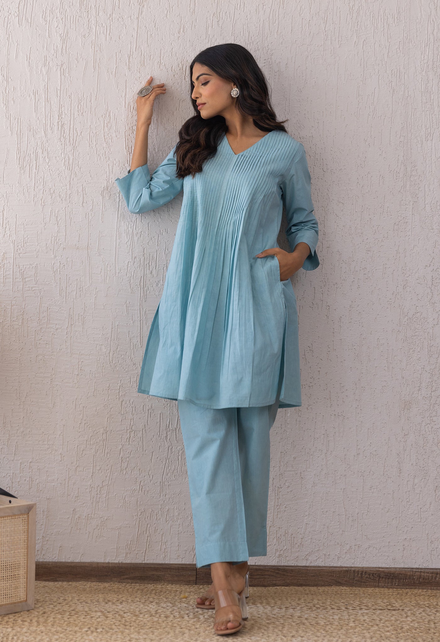 BLUE SOLID PINTUCKS COORD SET - Tara - C - Tara