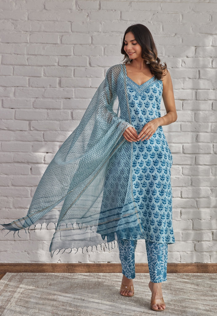 Blue Strappy Suit Set with Doriya Dupatta - Tara-C-Tara