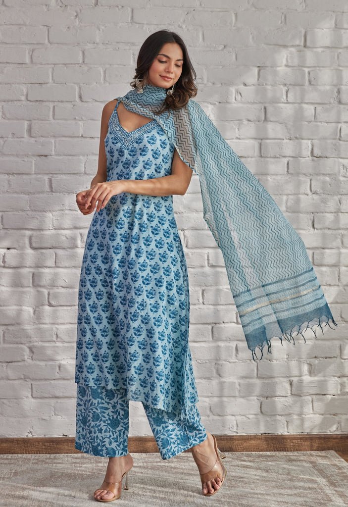 Blue Strappy Suit Set with Doriya Dupatta - Tara-C-Tara