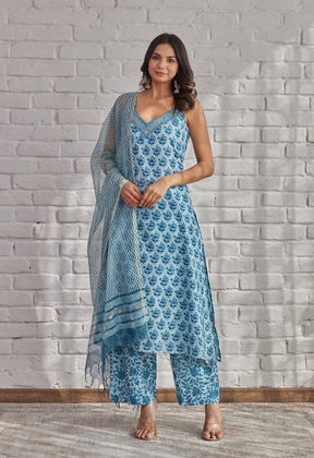 Blue Strappy Suit Set with Doriya Dupatta - Tara-C-Tara