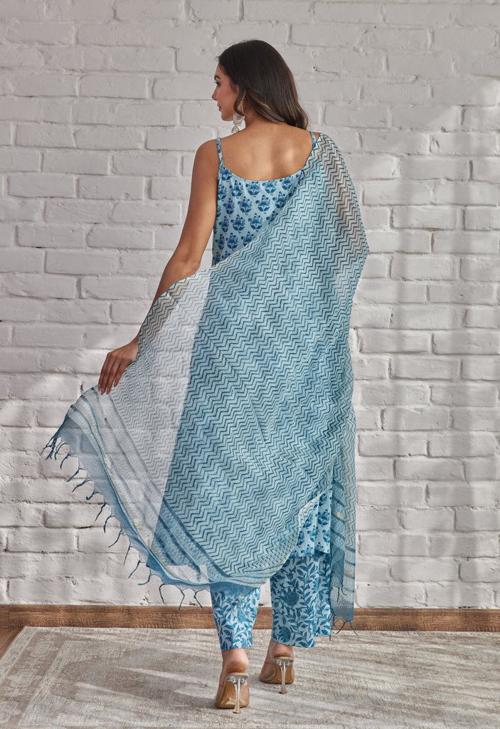 Blue Strappy Suit Set with Doriya Dupatta - Tara-C-Tara