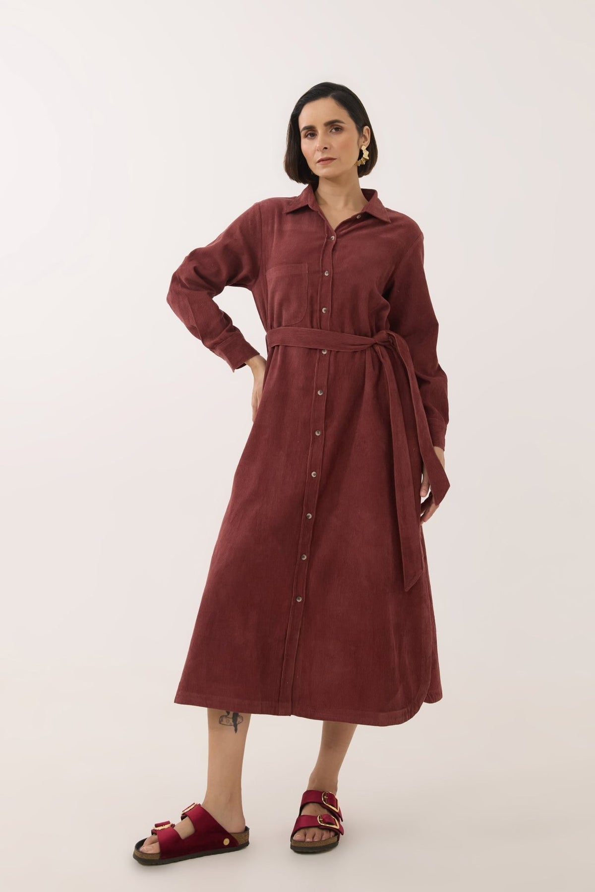 Brown Corduroy Belted Shirt Dress - Tara - C - Tara