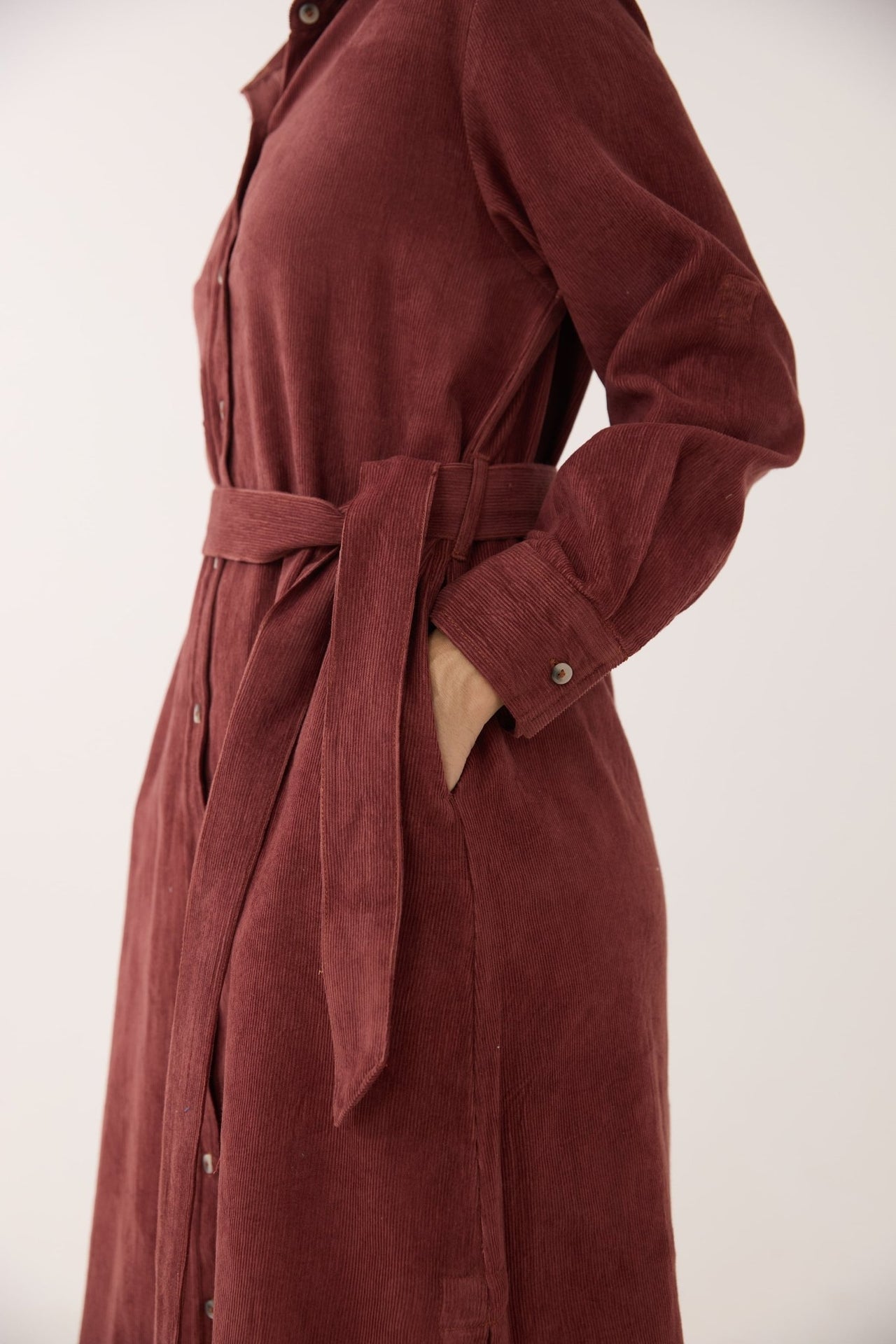 Brown Corduroy Belted Shirt Dress - Tara - C - Tara