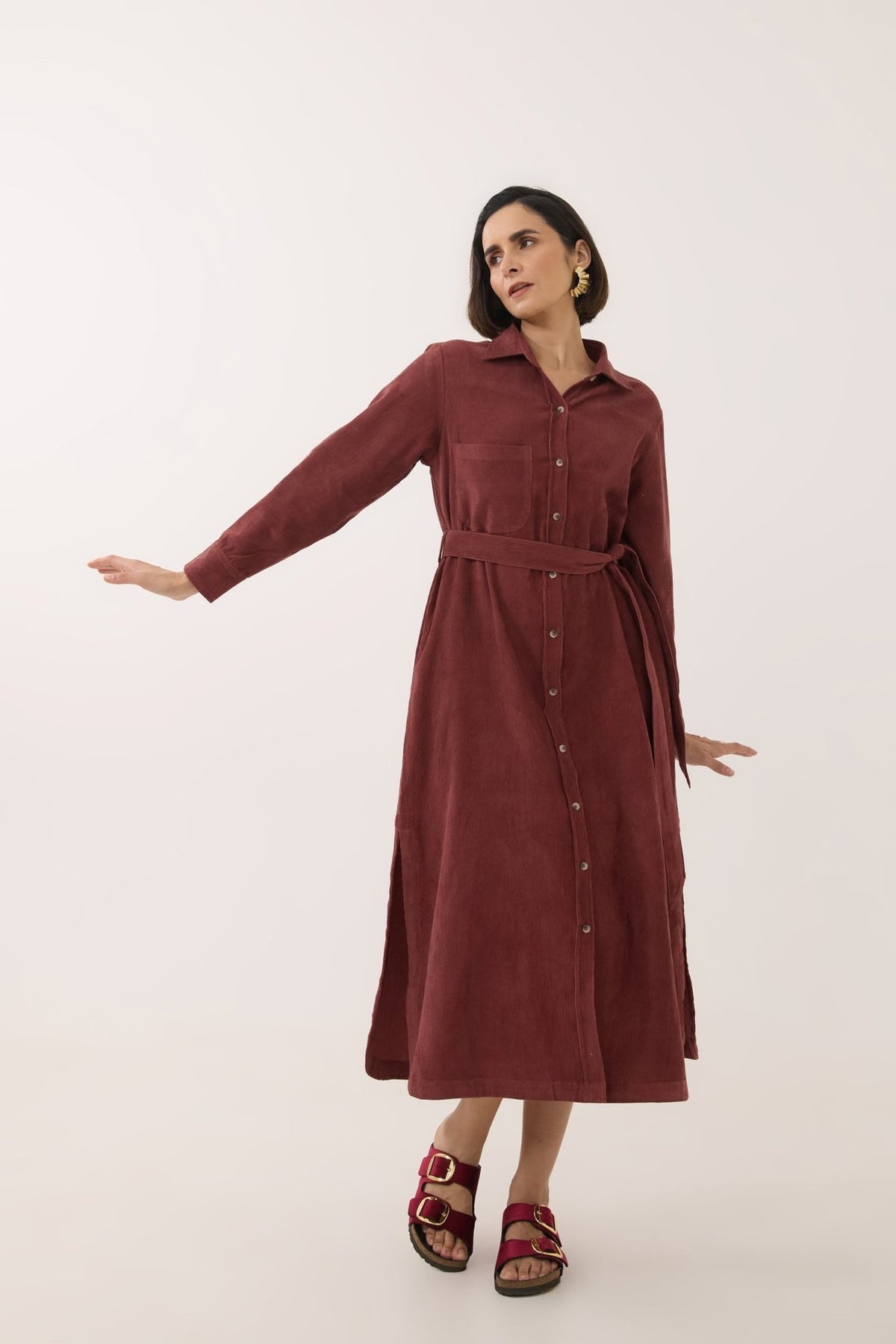 Brown Corduroy Belted Shirt Dress - Tara - C - Tara