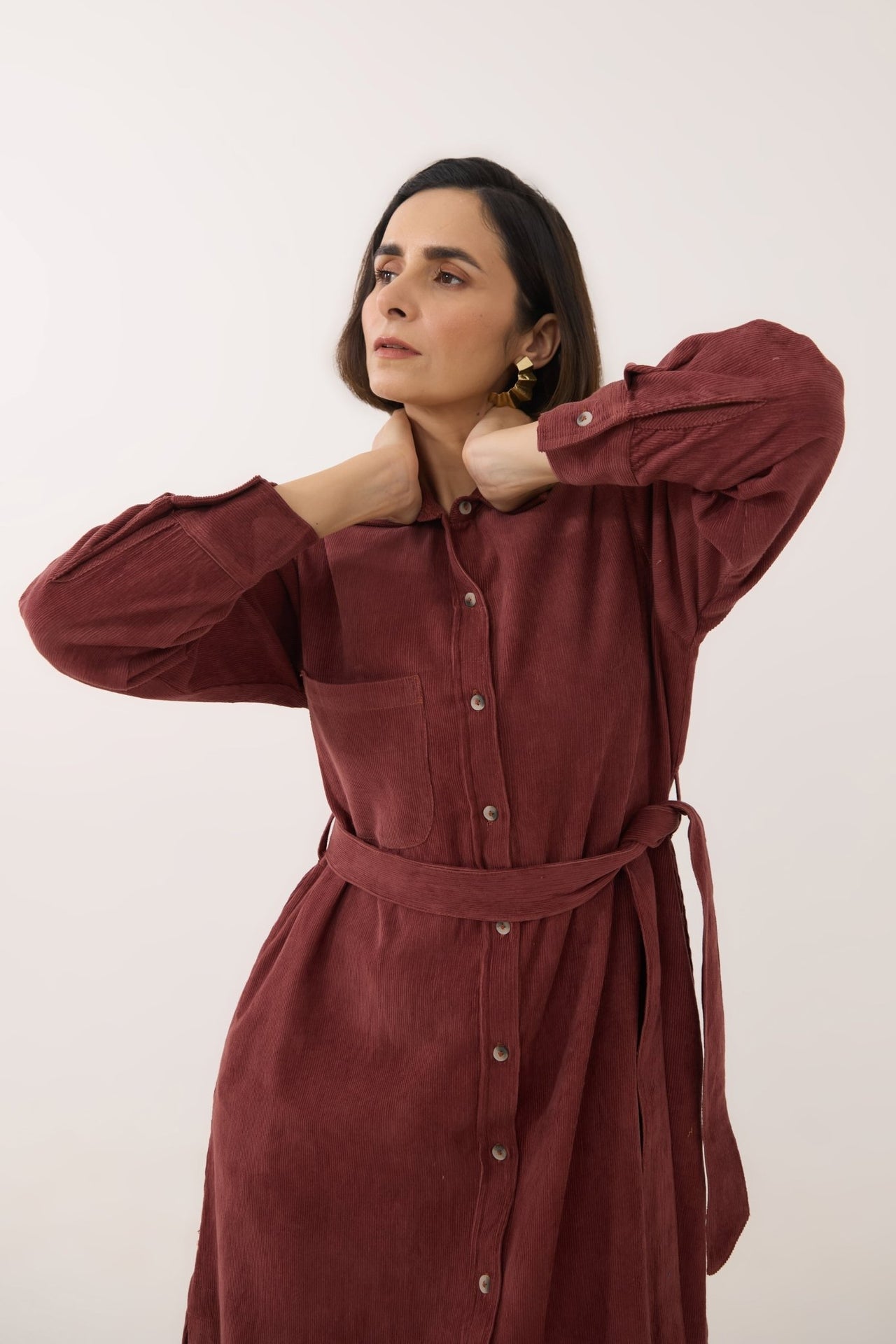 Brown Corduroy Belted Shirt Dress - Tara - C - Tara