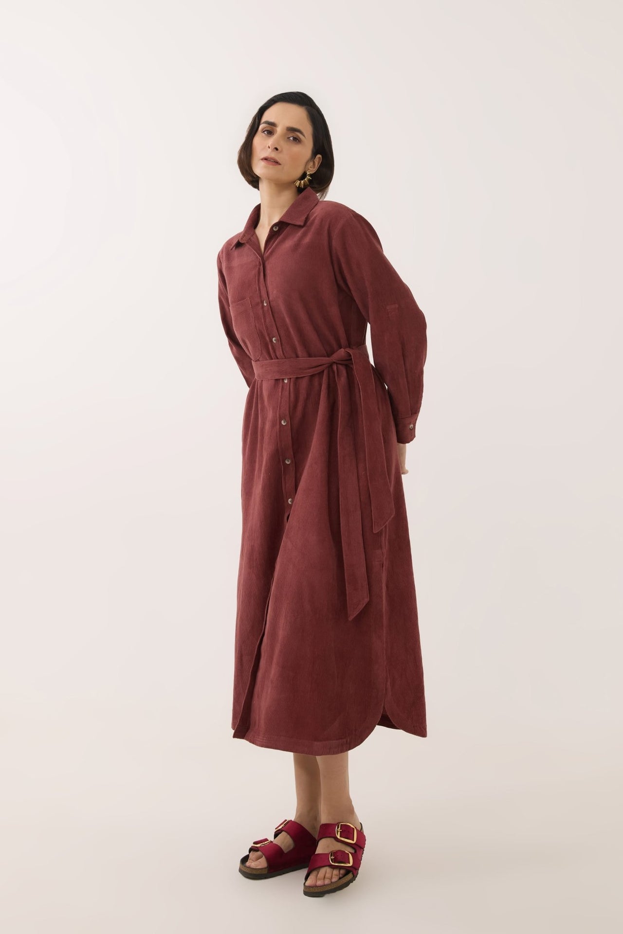 Brown Corduroy Belted Shirt Dress - Tara - C - Tara