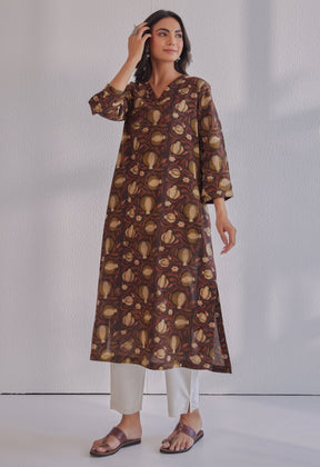 Brown Jahota Hand Block Printed Cotton Kurta - Tara - C - Tara