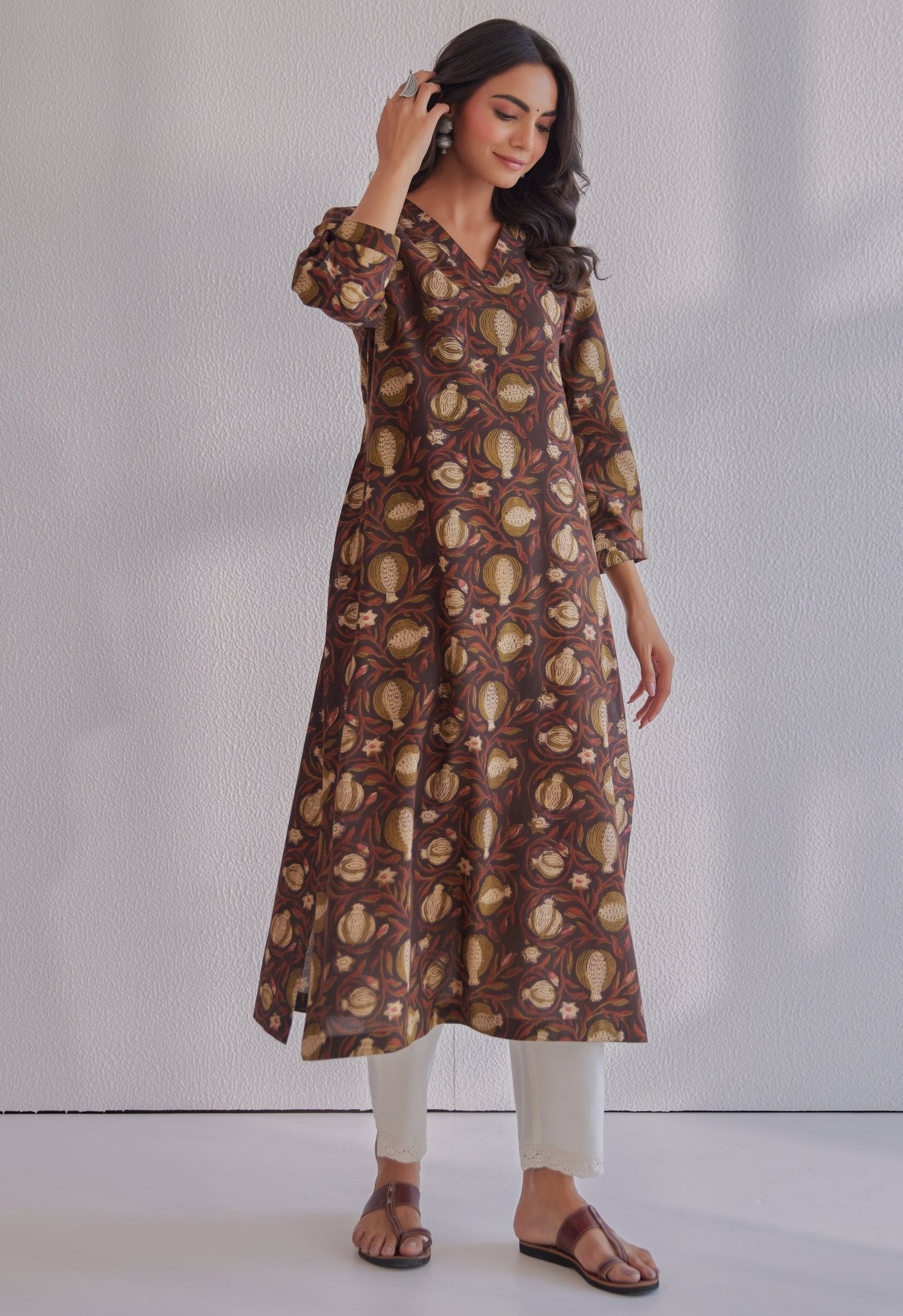 Brown Jahota Hand Block Printed Cotton Kurta - Tara - C - Tara