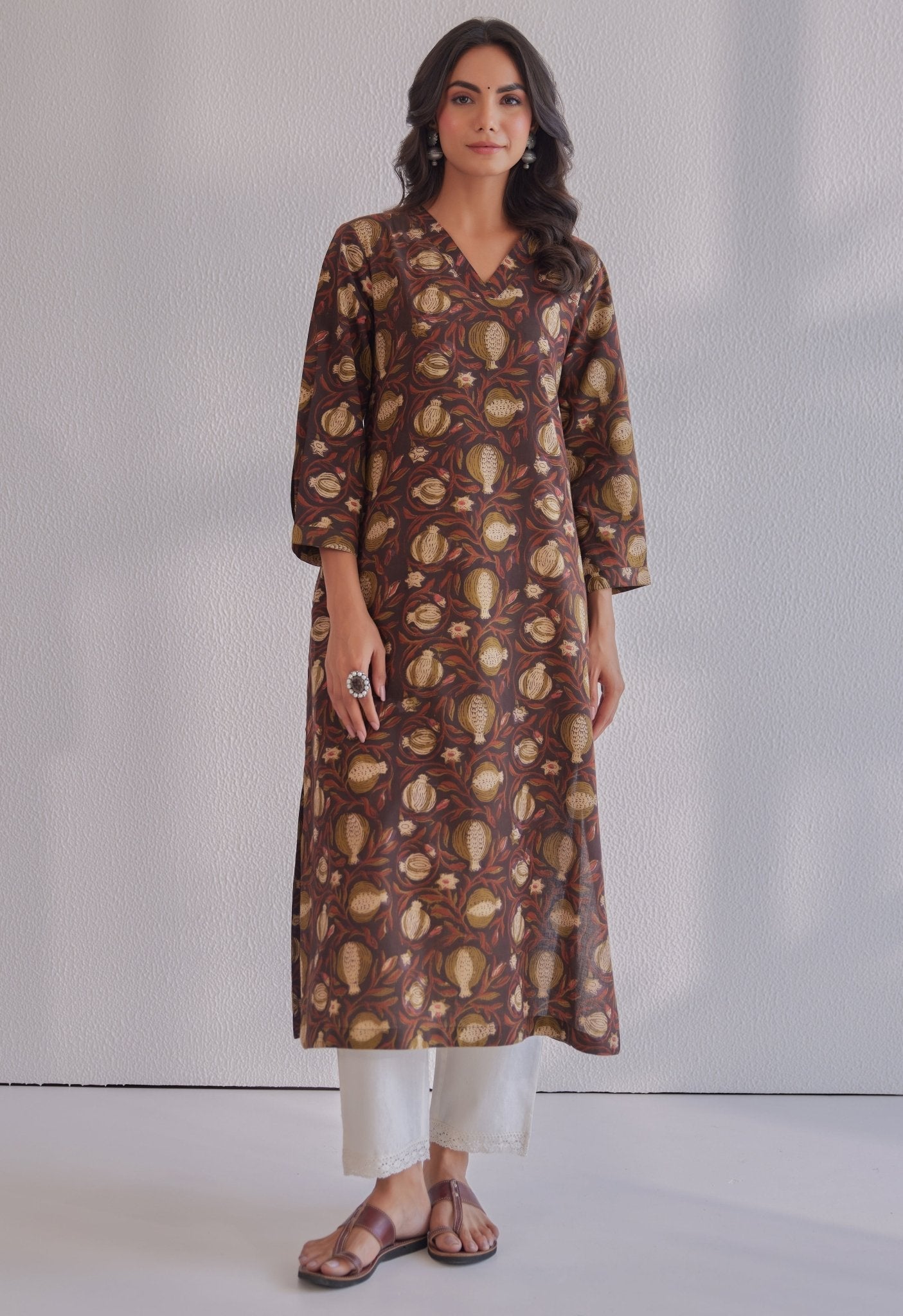 Brown Jahota Hand Block Printed Cotton Kurta - Tara - C - Tara