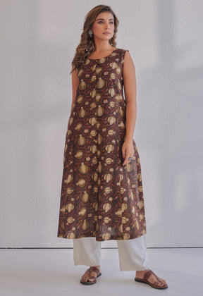 Brown Jahota Hand Block Printed Cotton Sleeveless Kurta - Tara - C - Tara