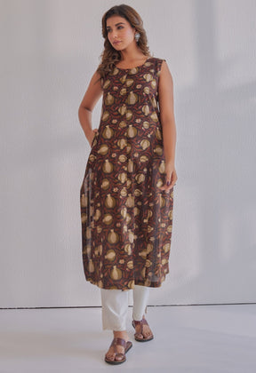 Brown Jahota Hand Block Printed Cotton Sleeveless Kurta - Tara - C - Tara