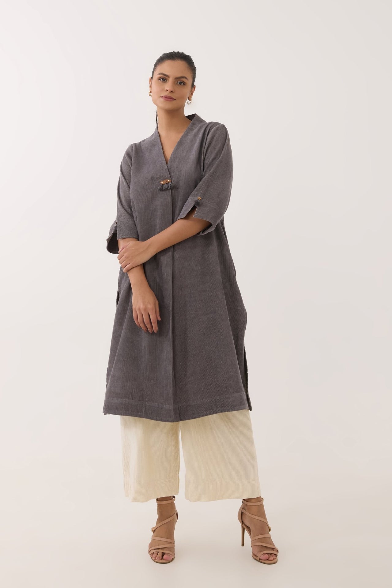 Charcoal Grey Corduroy Wrap Short Dress - Tara - C - Tara