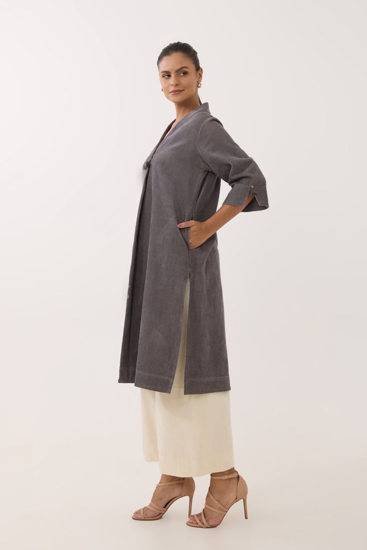 Charcoal Grey Corduroy Wrap Short Dress - Tara - C - Tara