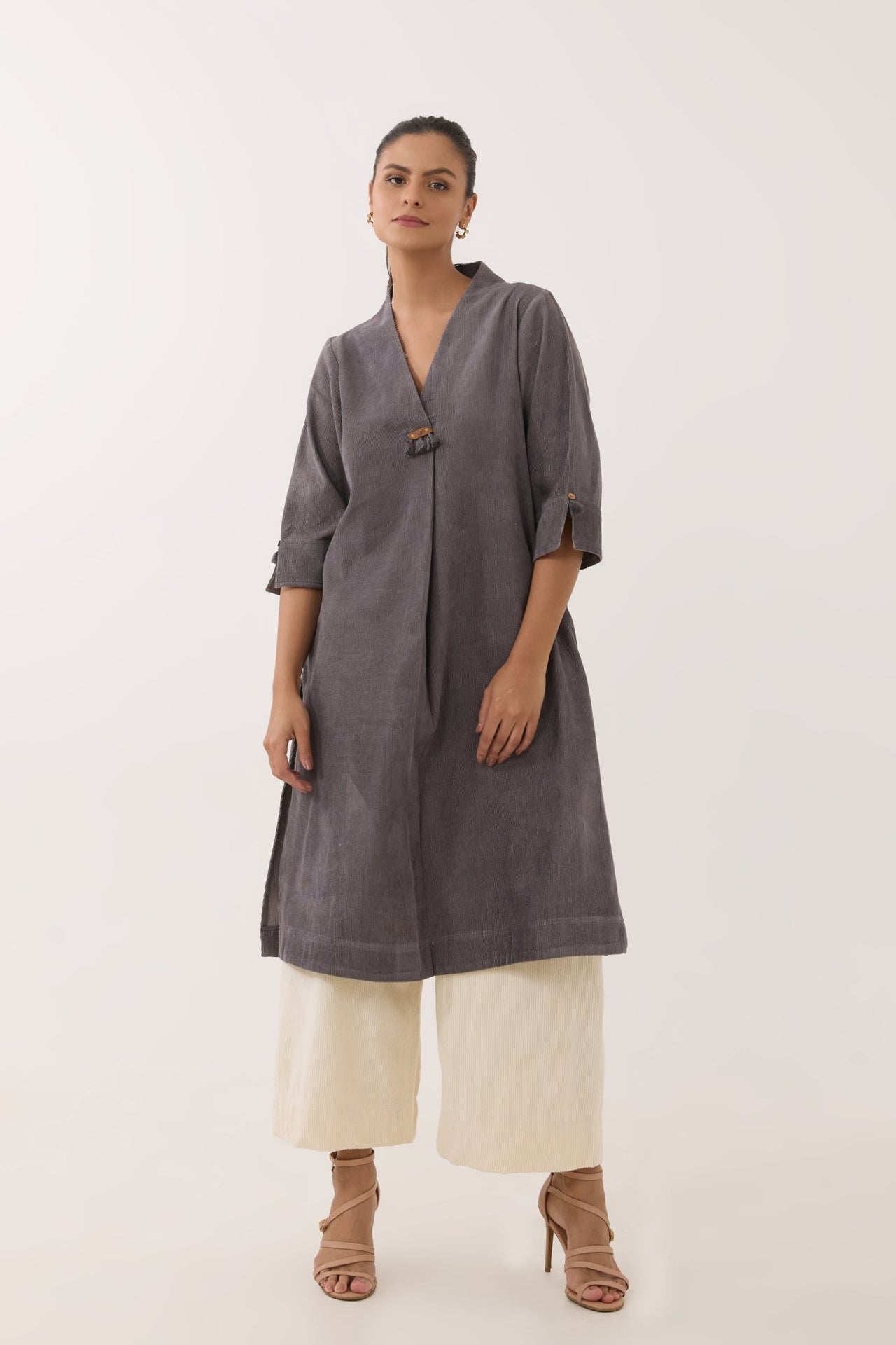 Charcoal Grey Corduroy Wrap Short Dress - Tara - C - Tara