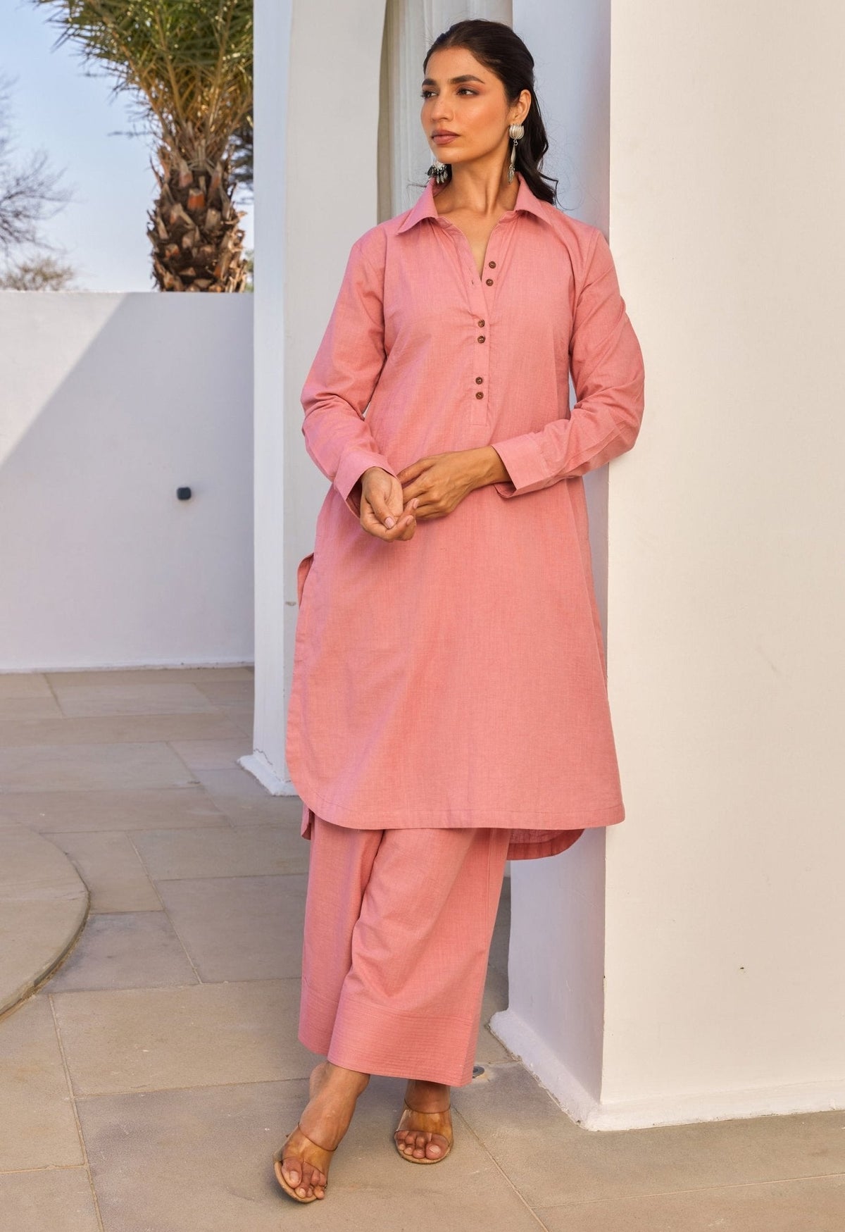 Coral Cotton Slub Solid Coord Set - Tara - C - Tara