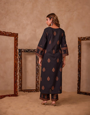 Cotton Black Hand Block Gold Printed Coord Set - Tara - C - Tara