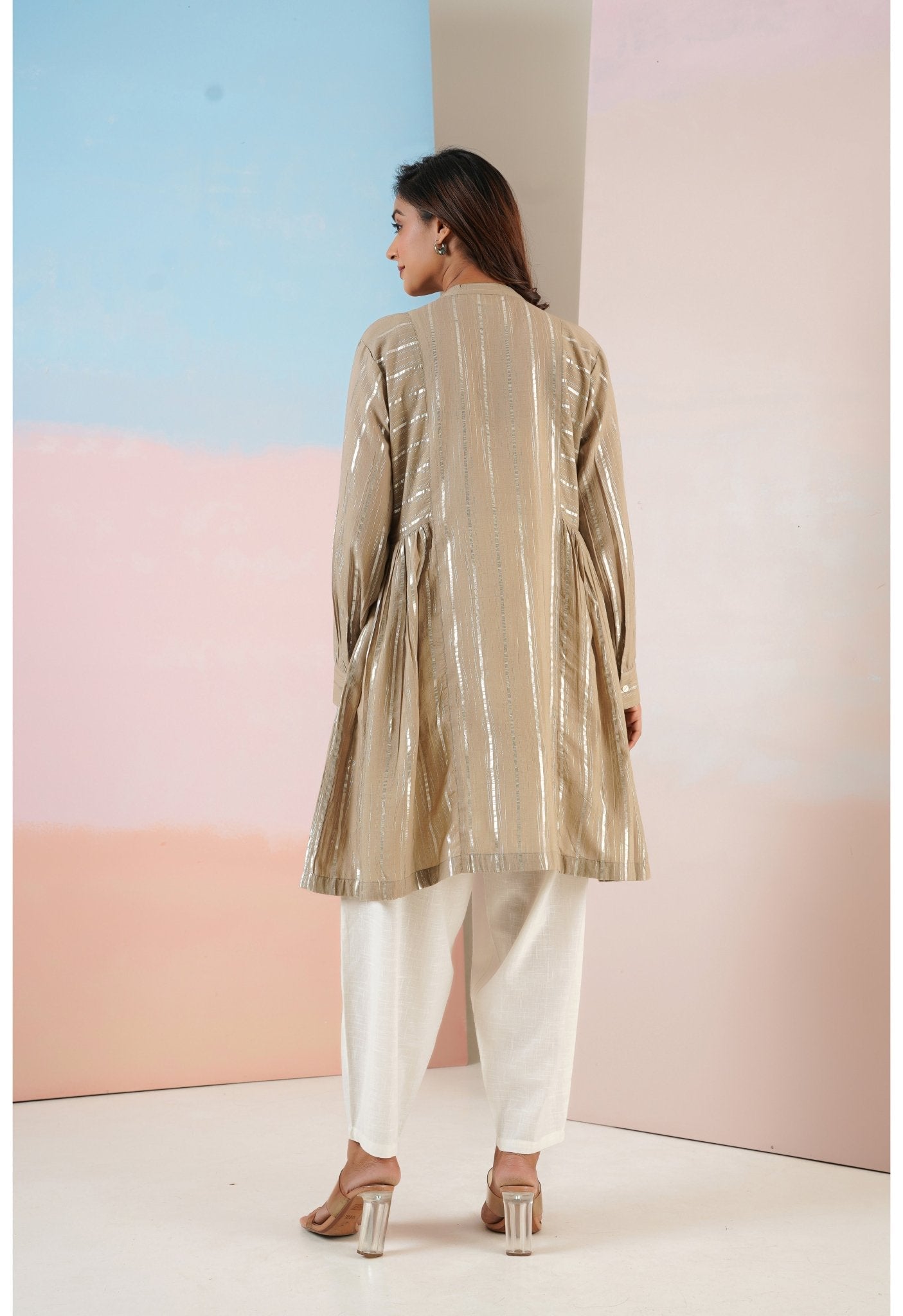 Cotton lurex Beige asymmetric Kurta - Tara - C - Tara