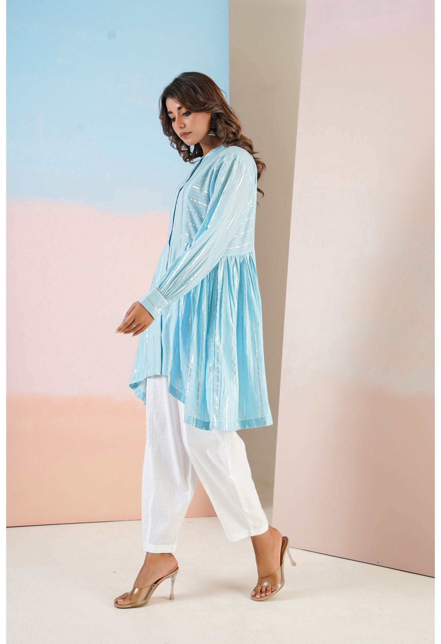 Cotton lurex Blue asymmetric Kurta - Tara - C - Tara