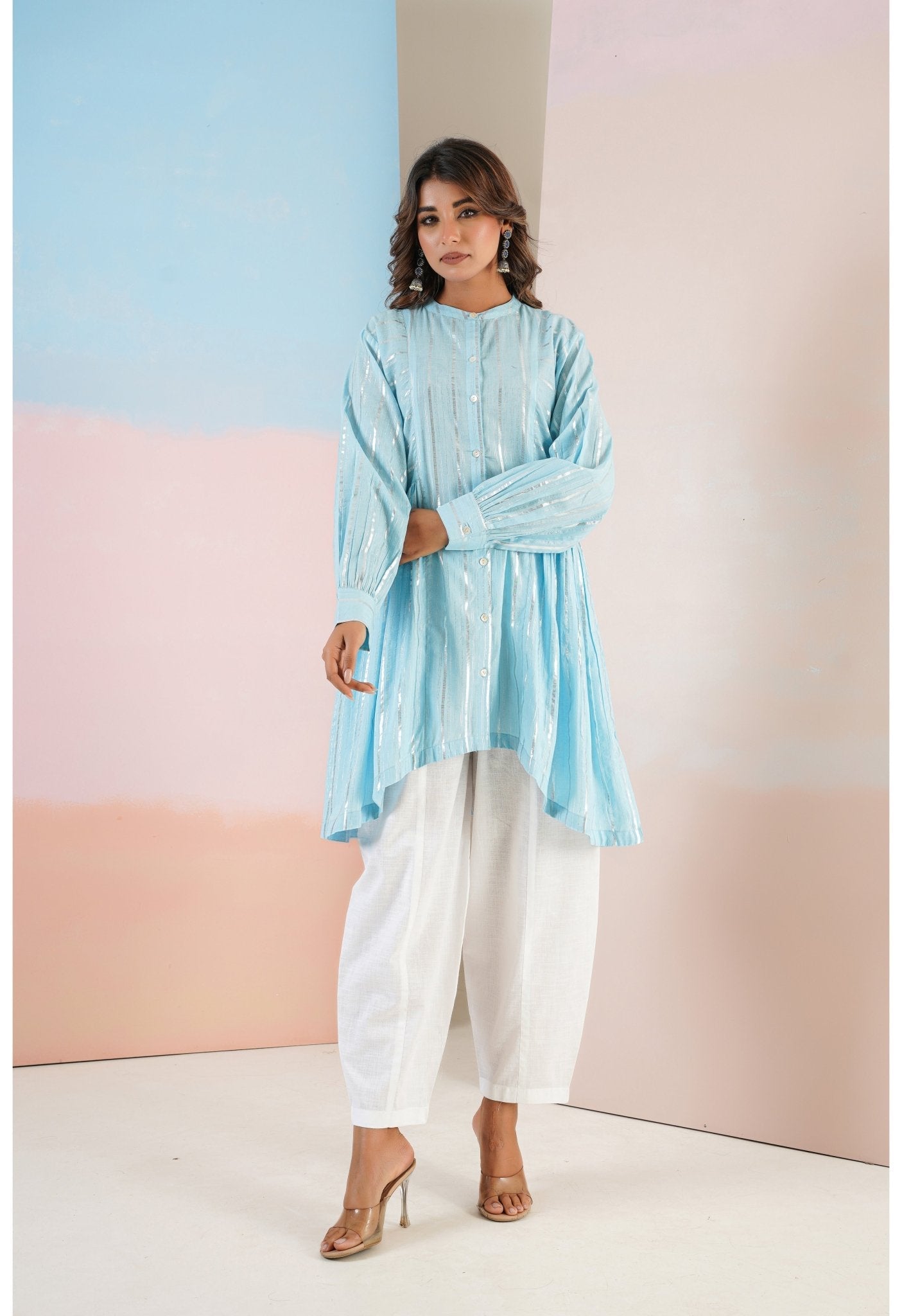 Cotton lurex Blue asymmetric Kurta - Tara - C - Tara