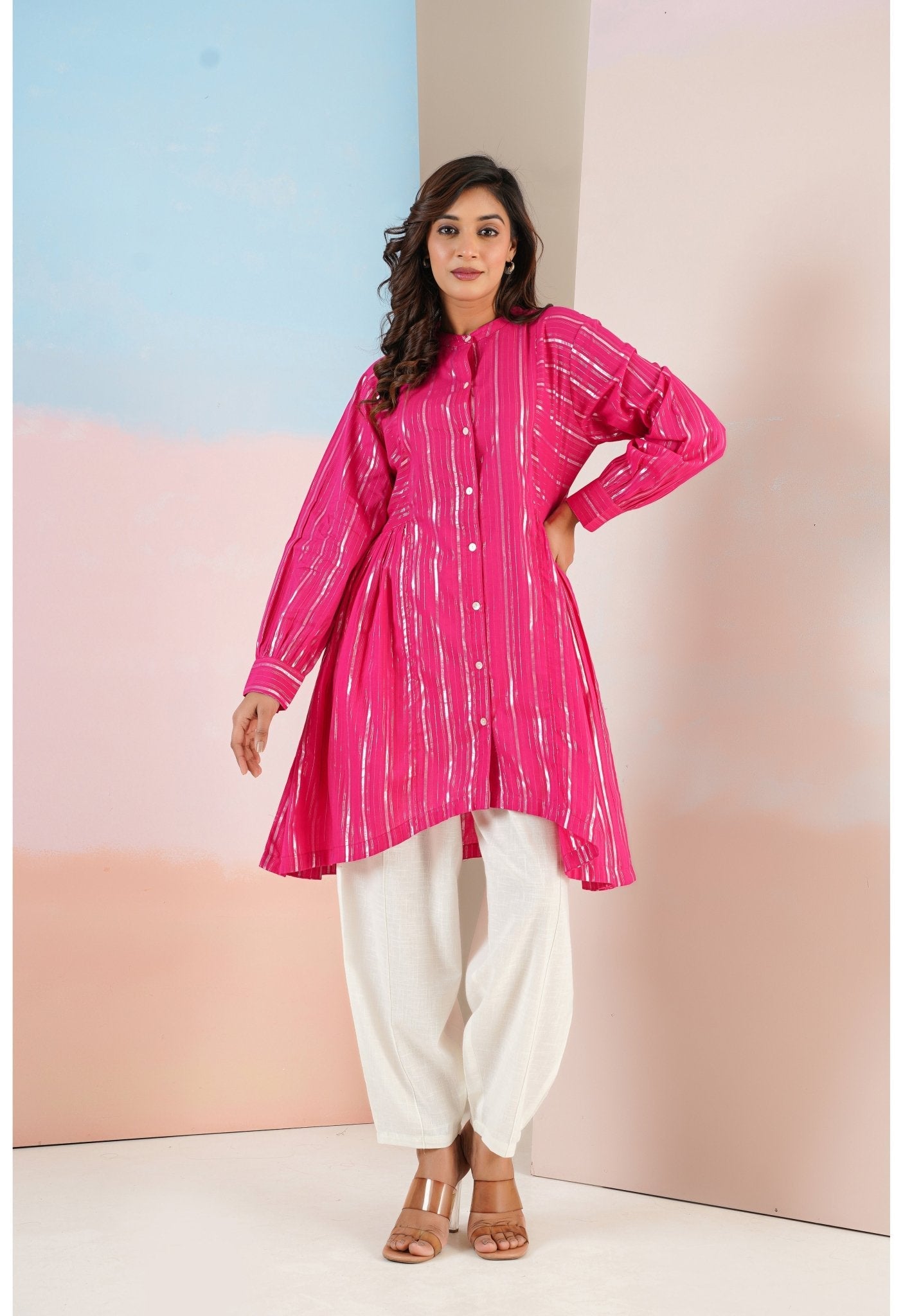 Cotton lurex Magenta Asymmetric Kurta - Tara - C - Tara