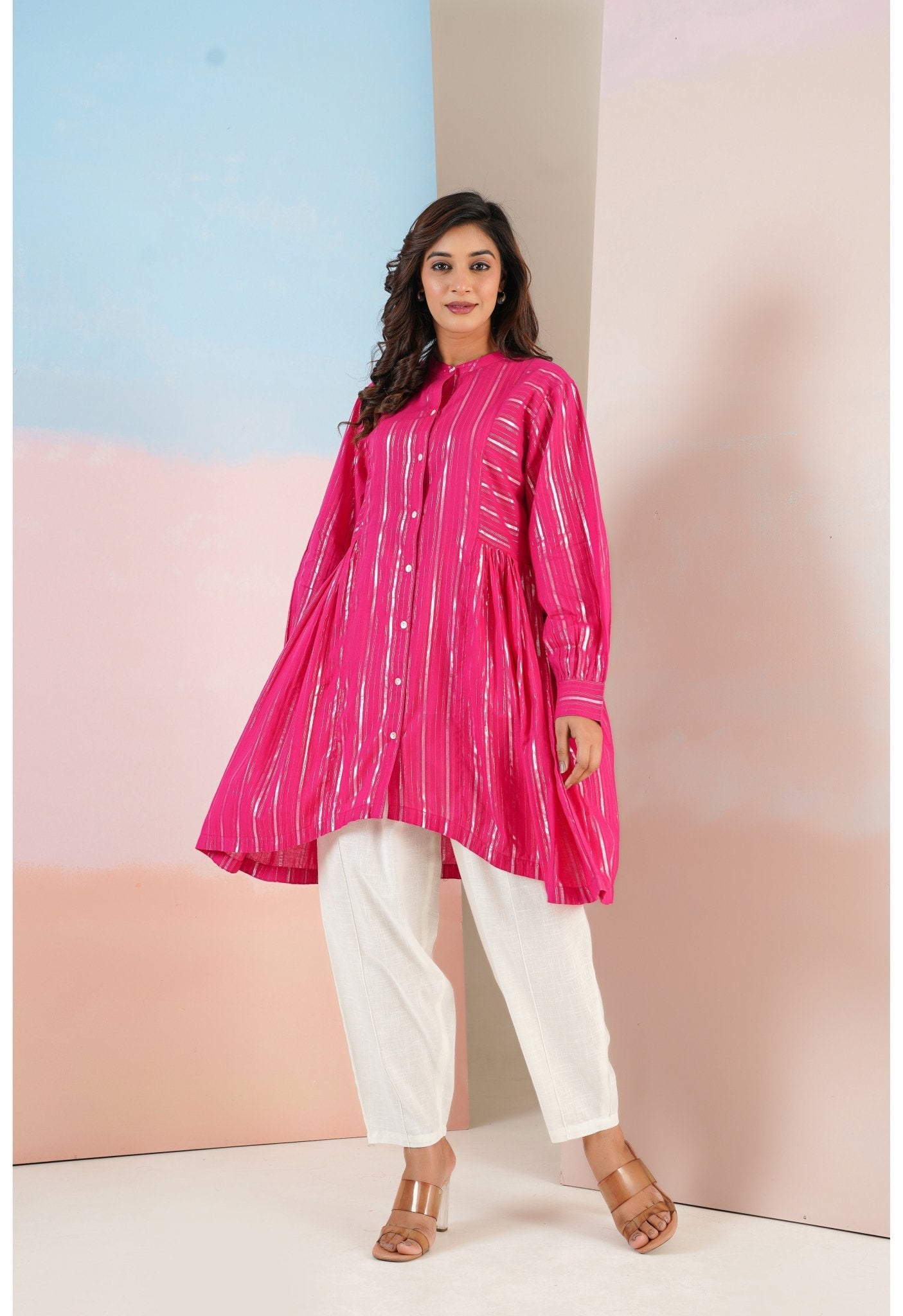 Cotton lurex Magenta Asymmetric Kurta - Tara - C - Tara