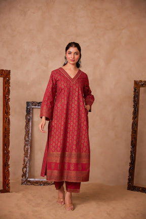 Cotton Maroon Hand Block Gold Printed Coord Set - Tara - C - Tara