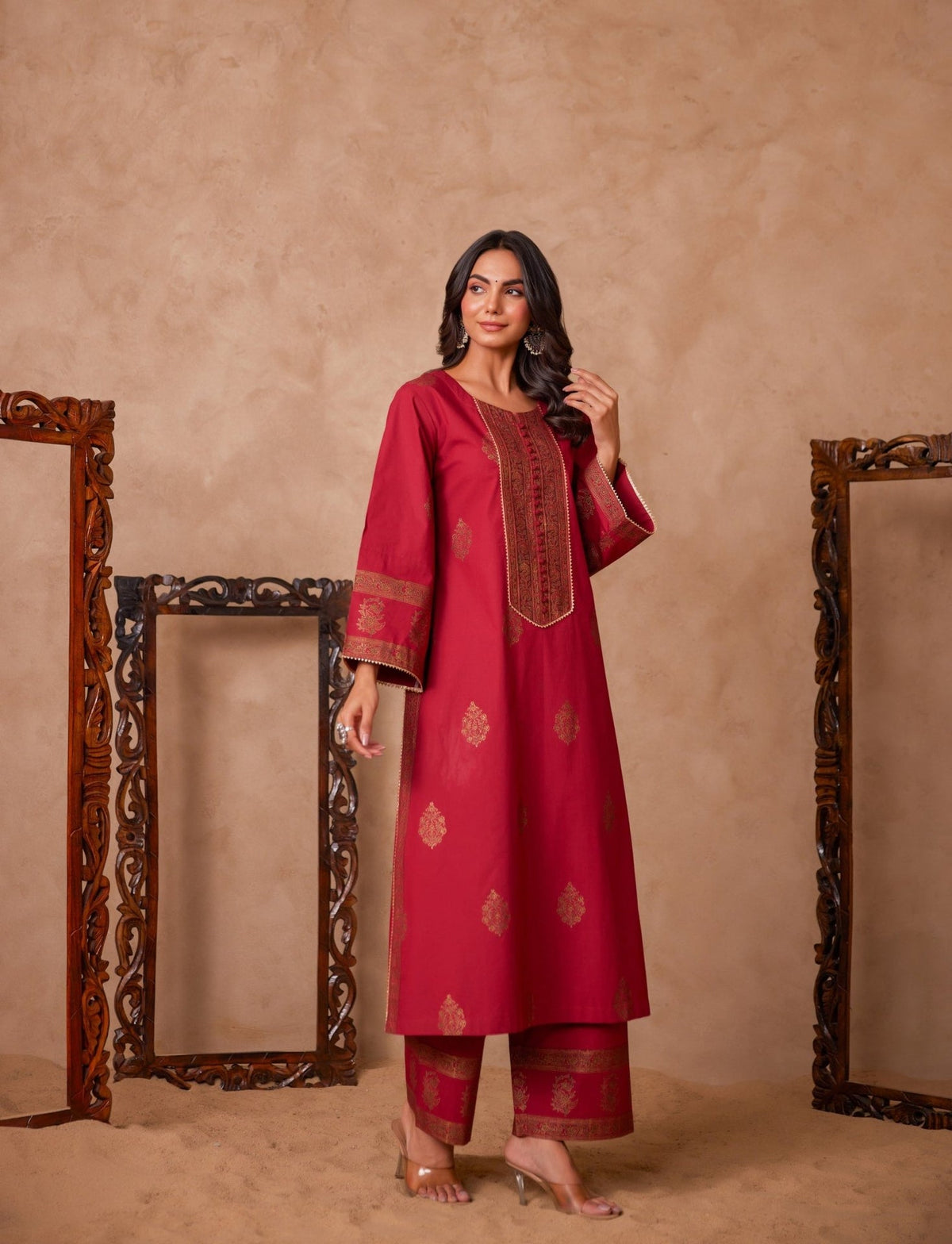 Cotton Maroon Hand Block Gold Printed Coord Set - Tara - C - Tara
