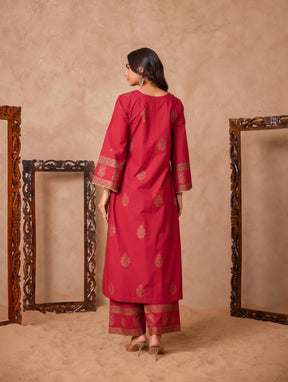 Cotton Maroon Hand Block Gold Printed Coord Set - Tara - C - Tara