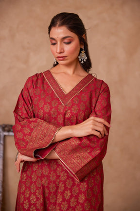 Cotton Maroon Hand Block Gold Printed Coord Set - Tara - C - Tara