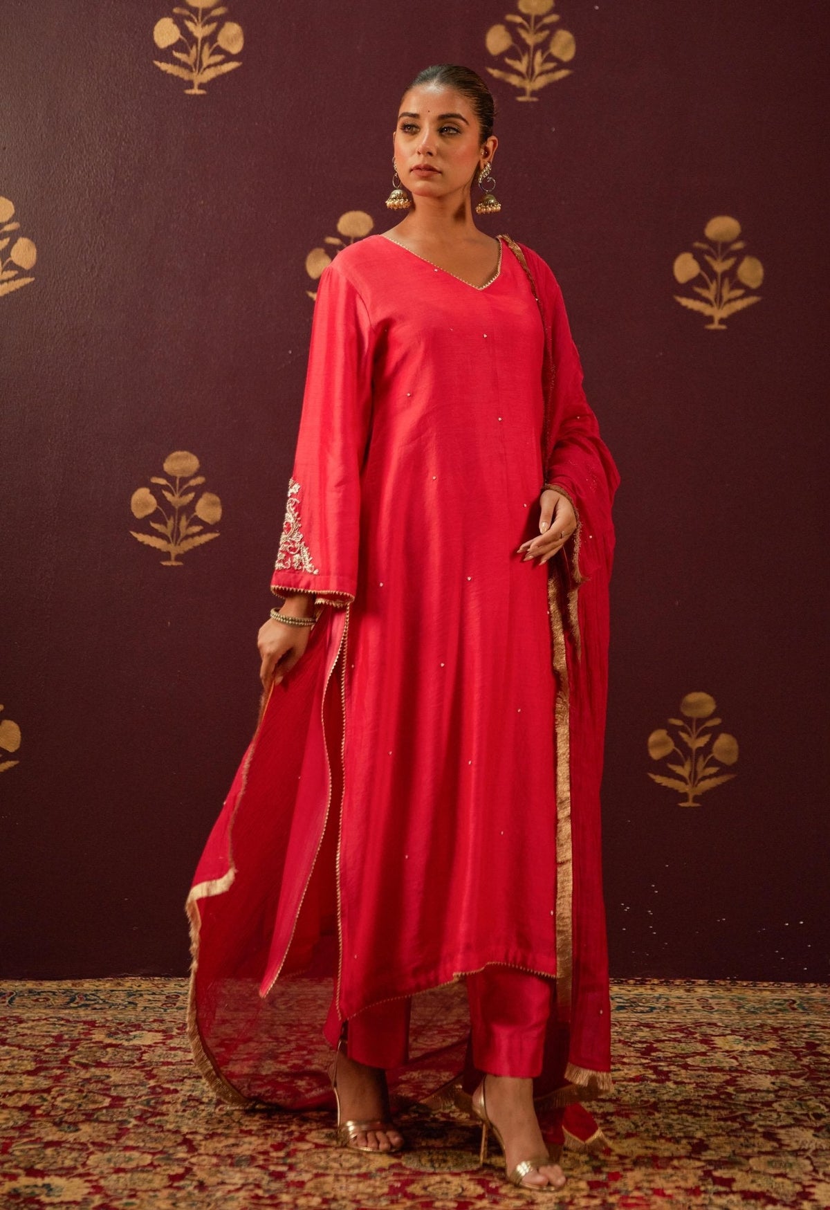 Crimson Splendor: Hand - Embroidered Chanderi Suit Set with Lace - Trimmed Dupatta - Tara - C - Tara