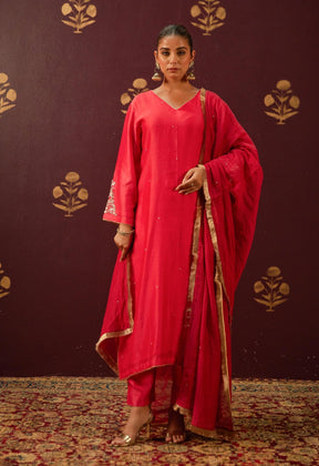 Crimson Splendor: Hand - Embroidered Chanderi Suit Set with Lace - Trimmed Dupatta - Tara - C - Tara