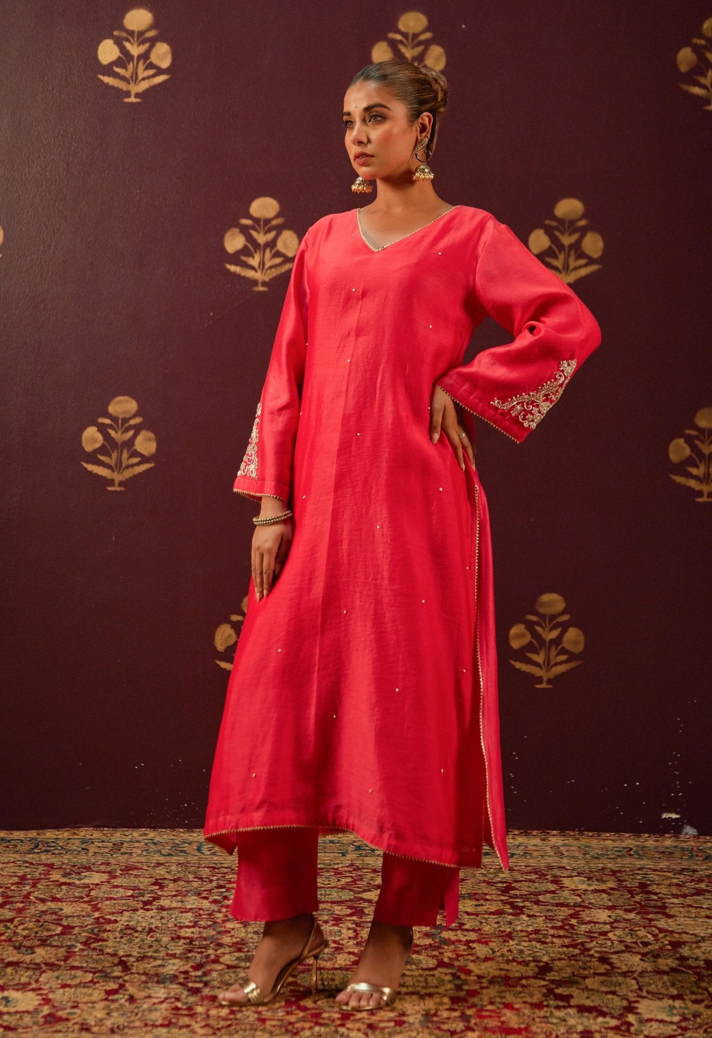 Crimson Splendor: Hand - Embroidered Chanderi Suit Set with Lace - Trimmed Dupatta - Tara - C - Tara