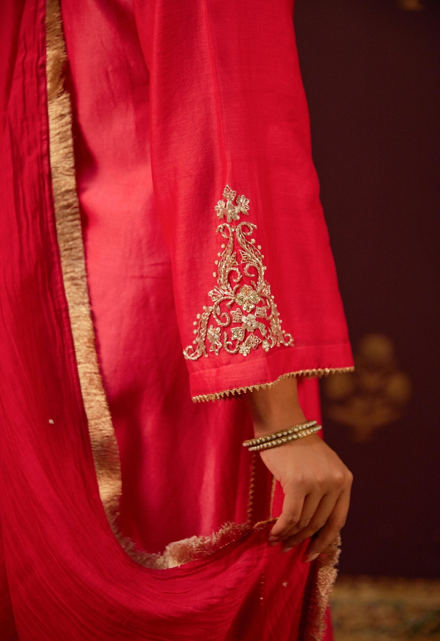 Crimson Splendor: Hand - Embroidered Chanderi Suit Set with Lace - Trimmed Dupatta - Tara - C - Tara