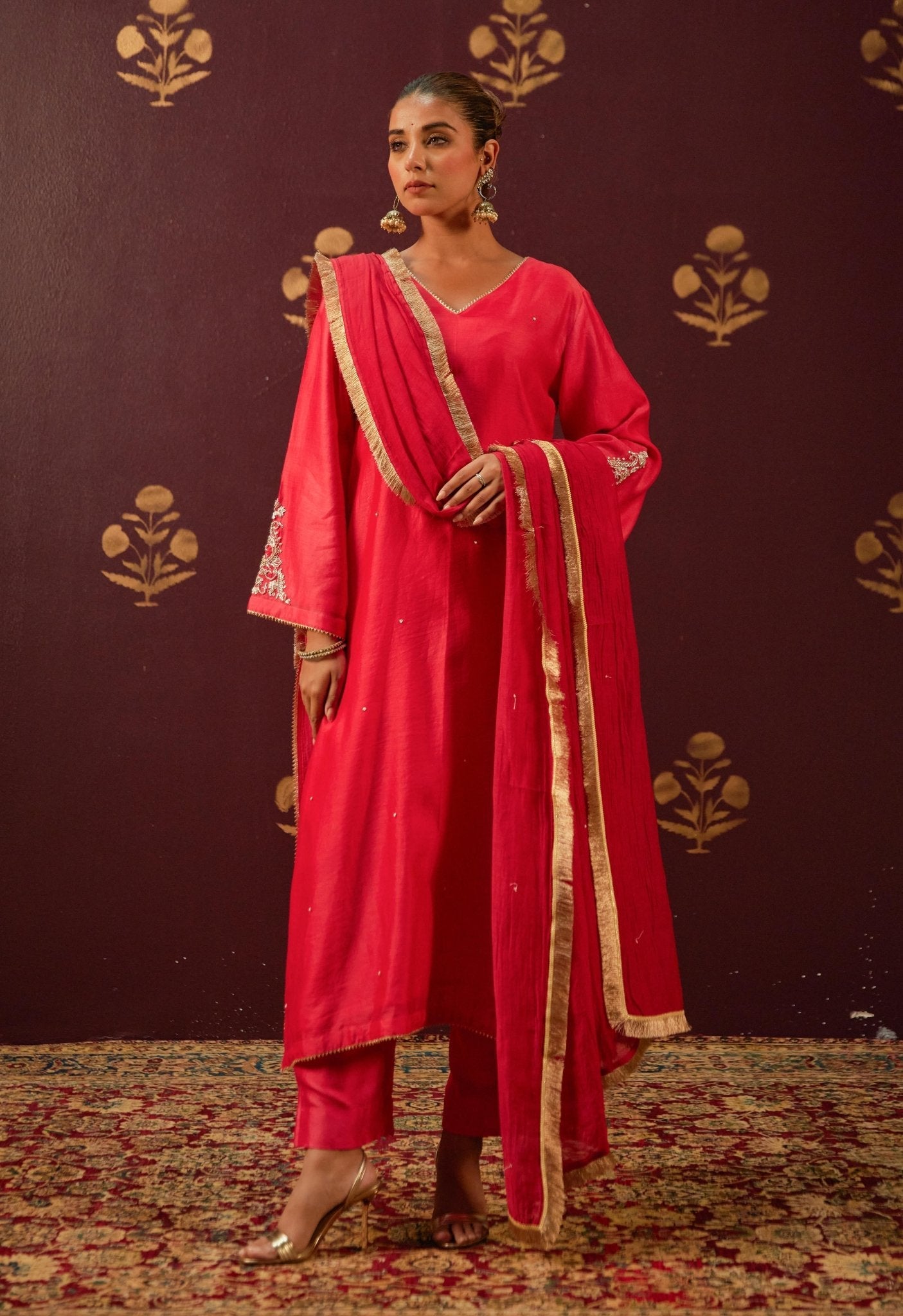 Crimson Splendor: Hand - Embroidered Chanderi Suit Set with Lace - Trimmed Dupatta - Tara - C - Tara