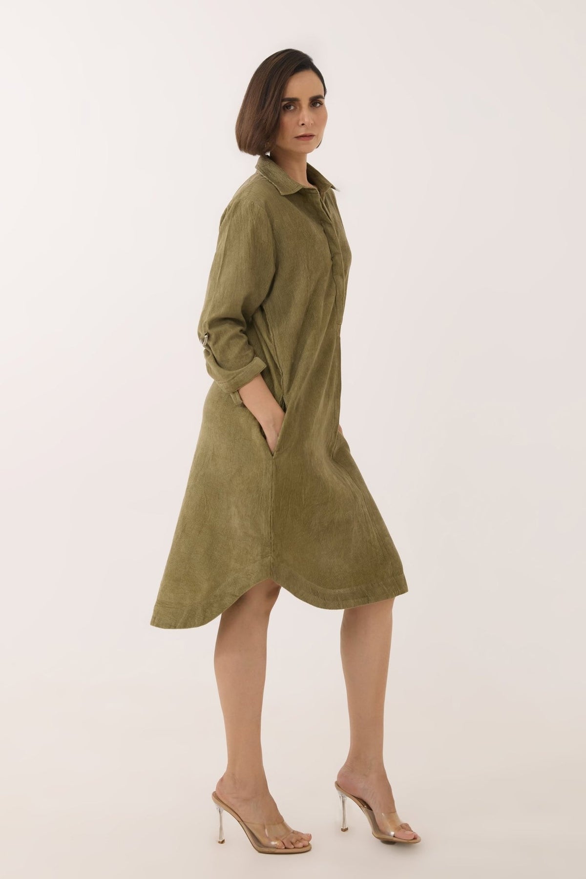 Dusty Green Corduroy Shirt Dress - Tara - C - Tara