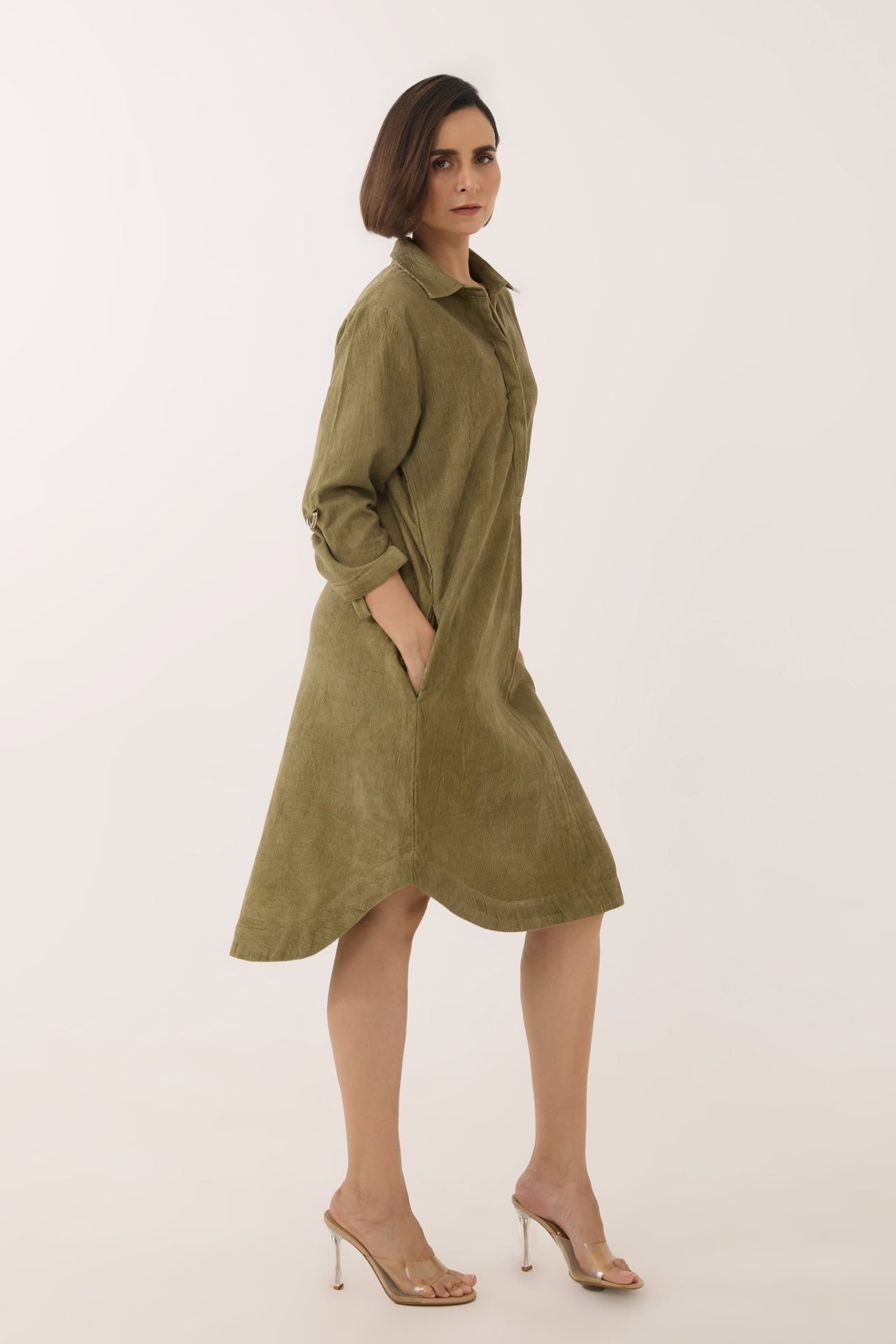 Dusty Green Corduroy Shirt Dress - Tara - C - Tara