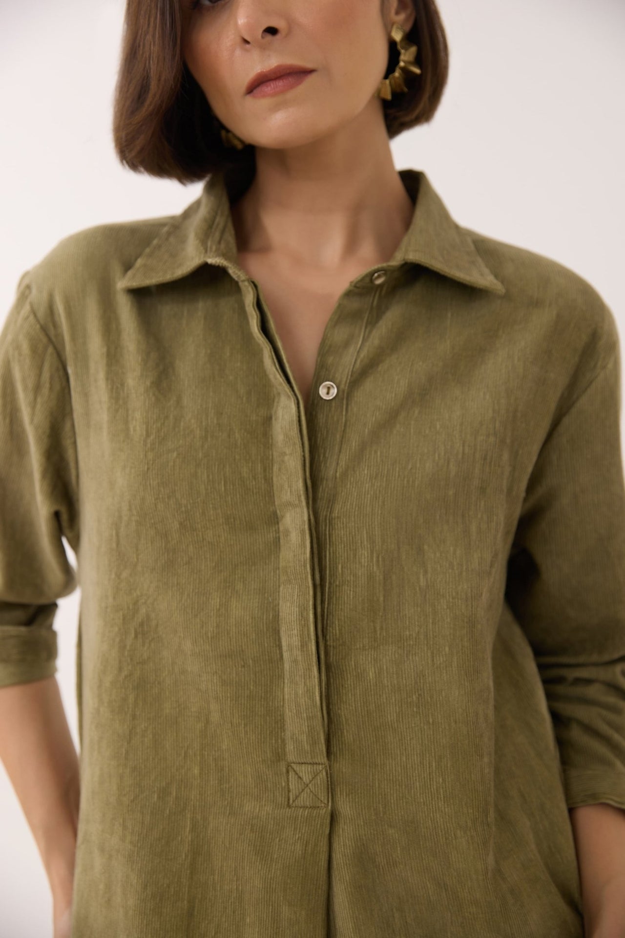 Dusty Green Corduroy Shirt Dress - Tara - C - Tara