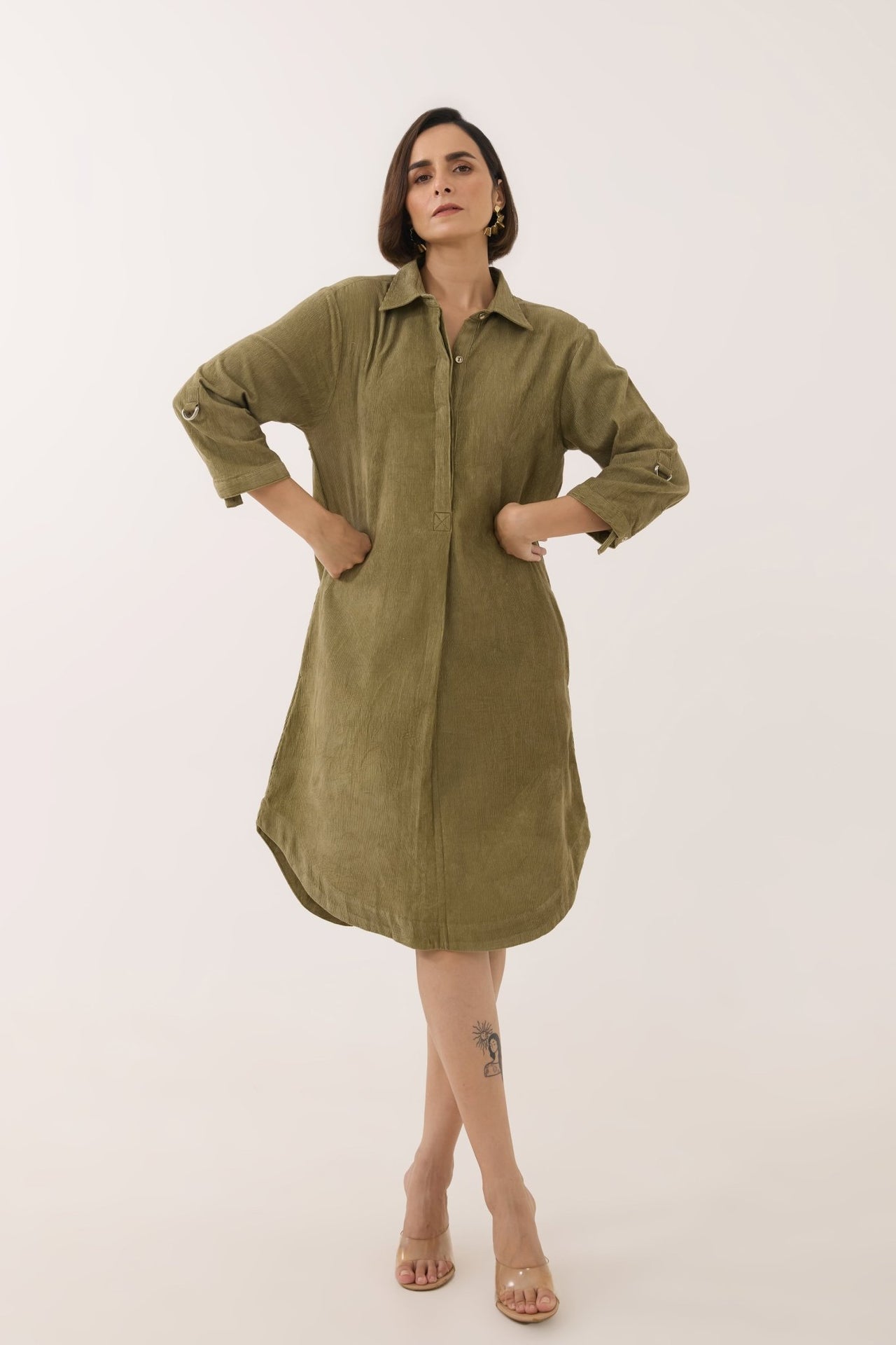 Dusty Green Corduroy Shirt Dress - Tara - C - Tara