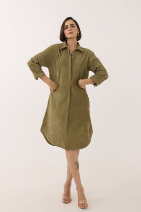 Dusty Green Corduroy Shirt Dress - Tara - C - Tara